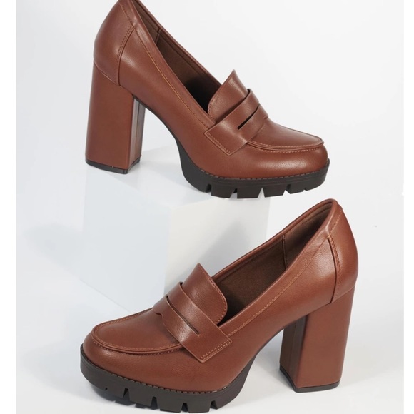 Lug Sole Tan High Heel Platform Penny Loafer - Picture 6 of 14